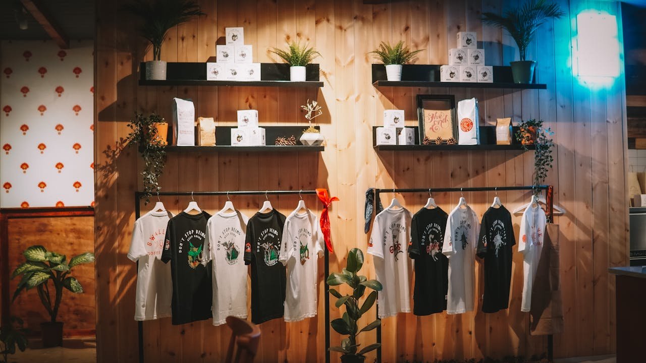 Stylish T-shirt display in a cozy, modern retail store with plants and wooden decor.